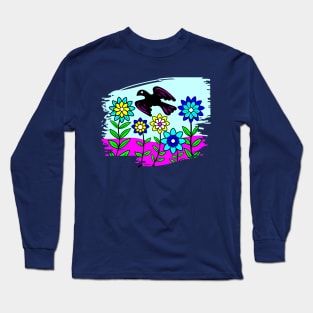 Blackbird Flower Garden Long Sleeve T-Shirt